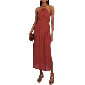 Savannah Morrow The Label Lana Dress Burnt Orange Halter Maxi Silk Bamboo XXL